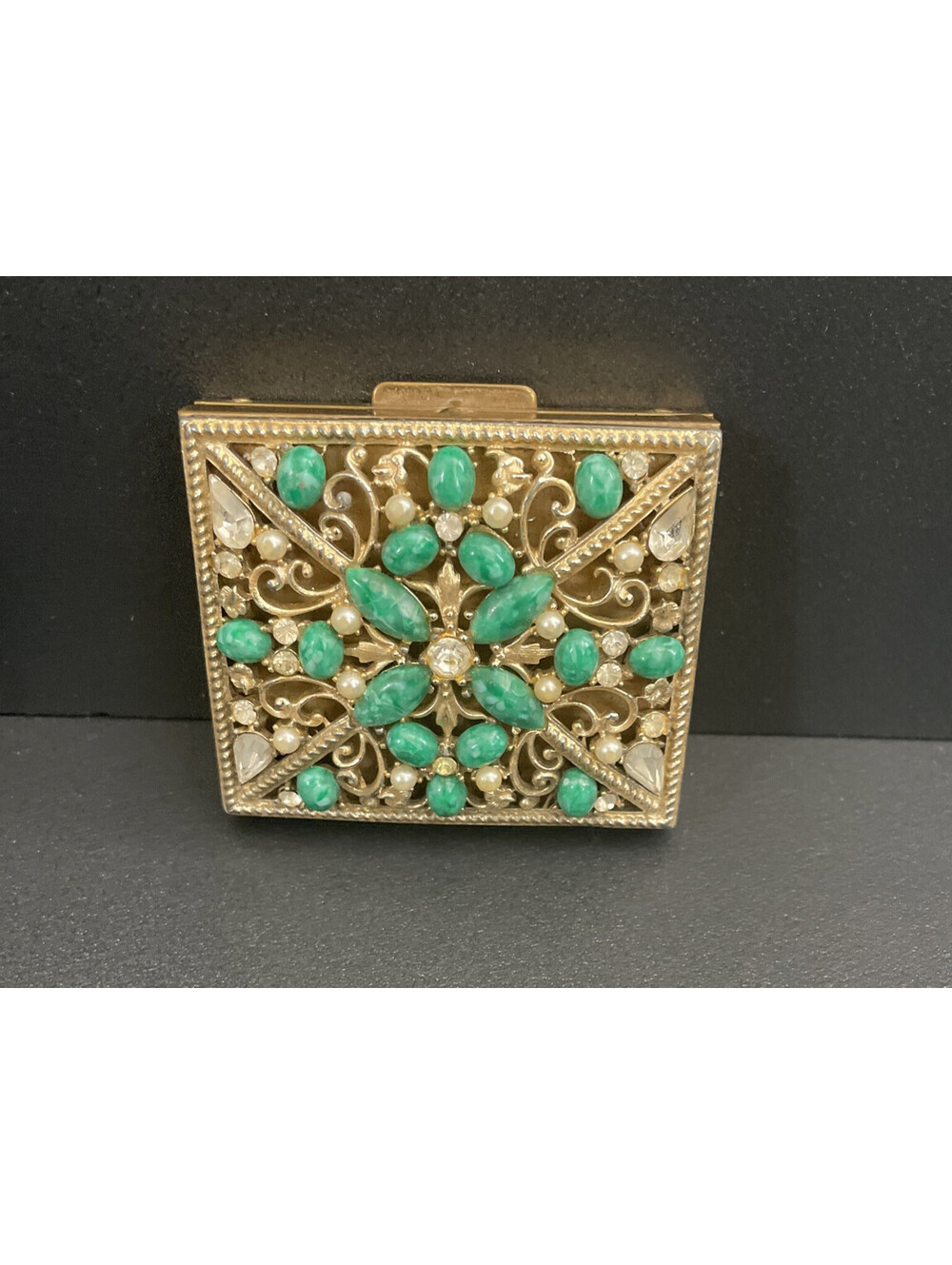 Vtg Sam Fink SF Co 5th Ave Jeweled Compact Faux Jade Turquoise Pearl Rhinestone